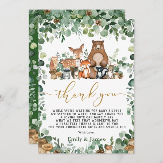 シックな森の緑の森の動物の赤ちゃんシャワー サンキューカード (正面/裏面)