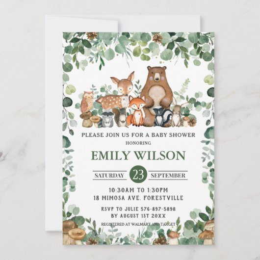 シックな森の緑の森の動物の赤ちゃんシャワー 招待状 (正面)