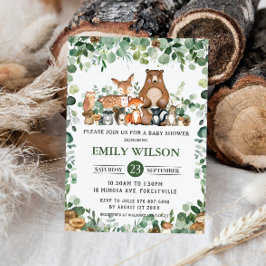 シックな森の緑の森の動物の赤ちゃんシャワー 招待状