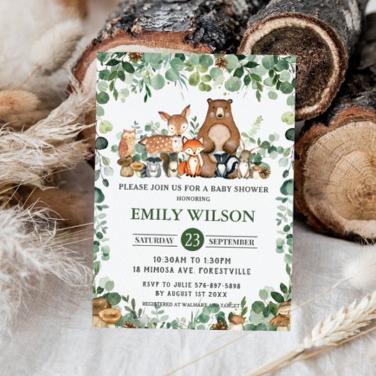 シックな森の緑の森の動物の赤ちゃんシャワー 招待状