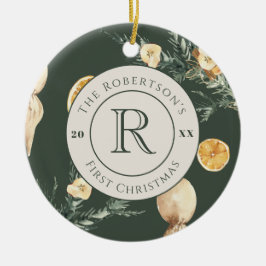 シックな森の緑の水の色モノグラムの新婚 セラミックオーナメント