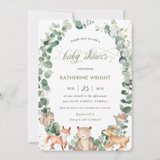 シックな森林動物、緑に囲まれた中性のベビーシャワー 招待状 (正面)