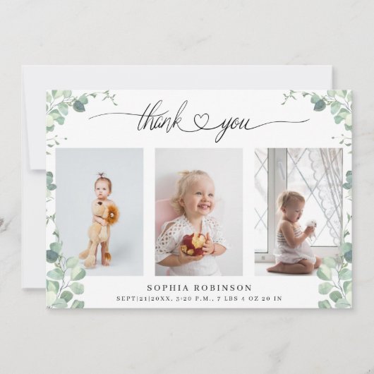 シックな植物性ベビーシャワー写真コラージュありがとう 招待状 (正面)