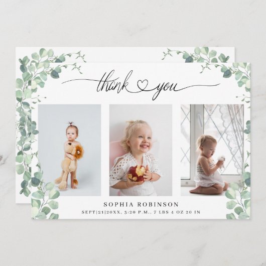 シックな植物性ベビーシャワー写真コラージュありがとう 招待状 (正面/裏面)