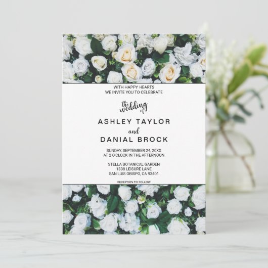 シックな植物花ホワイトバラのフローラ結婚ズ 招待状 (スタンド正面)