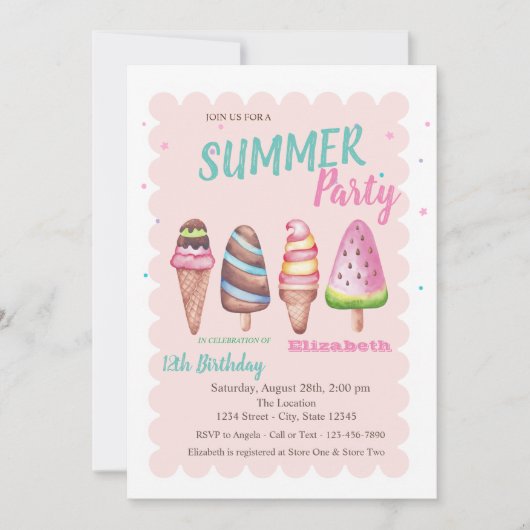シックな水の色のアイスクリーム夏の誕生日パーティー 招待状 (正面)