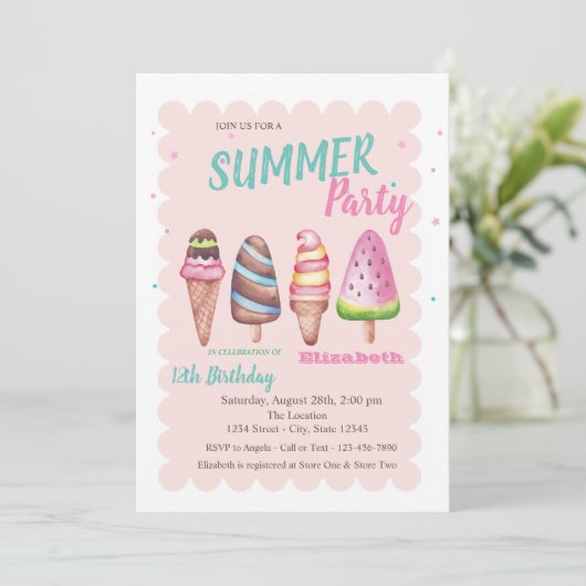シックな水の色のアイスクリーム夏の誕生日パーティー 招待状 (スタンド正面)