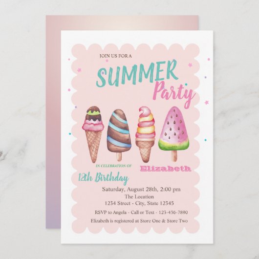 シックな水の色のアイスクリーム夏の誕生日パーティー 招待状 (正面/裏面)
