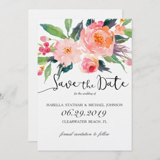 シックな水の色のフローラ日付を保存 セーブザデート (正面/裏面)