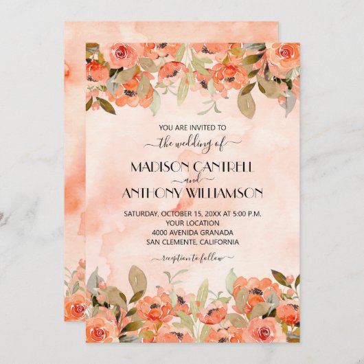 シックな水の色のフローラ結婚が1つの招待状で (正面/裏面)