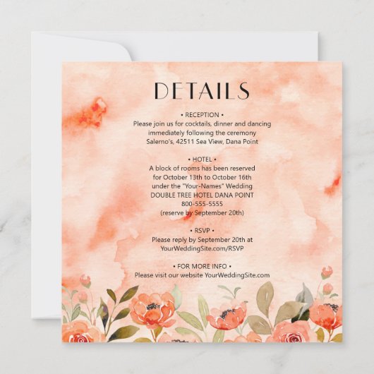 シックな水の色のフローラ結婚が1つの招待状で (裏面)