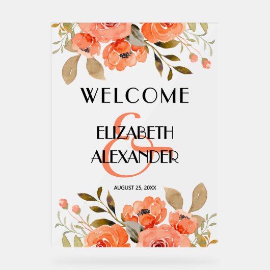 シックな水の色のフローラ結婚の歓迎 アクリルサイン (正面)