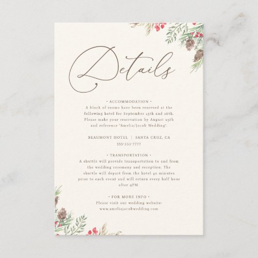 シックな水の色の冬の緑結婚の詳細 エンクロージャーカード (正面)