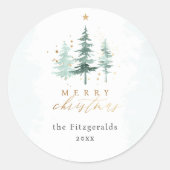 シックな水の色の松の木メリークリスマス ラウンドシール (正面)