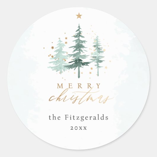 シックな水の色の松の木メリークリスマス ラウンドシール (正面)