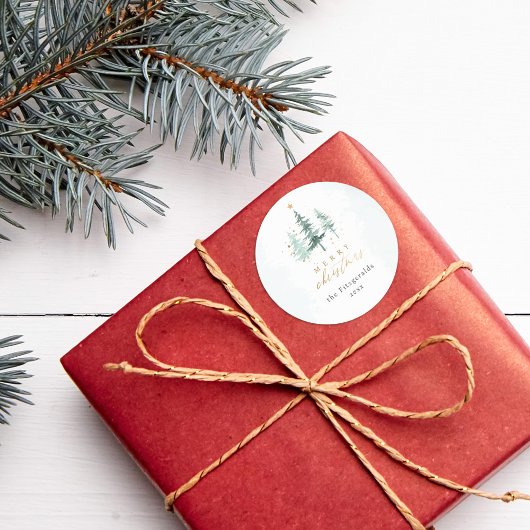 シックな水の色の松の木メリークリスマス ラウンドシール