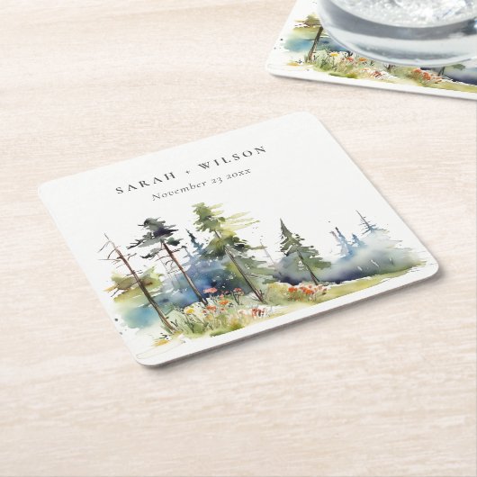 シックな水の色の松の森の風景結婚の スクエアペーパーコースター (アングル)