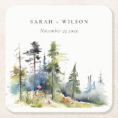シックな水の色の松の森の風景結婚の スクエアペーパーコースター (正面)