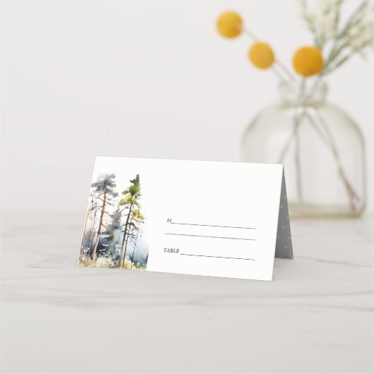 シックな水の色の松の森の風景結婚の プレイスカード (裏面)