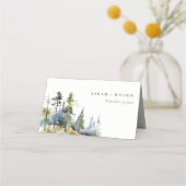 シックな水の色の松の森の風景結婚の プレイスカード (正面)