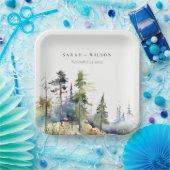 シックな水の色の松の森の風景結婚の ペーパープレート (パーティー)