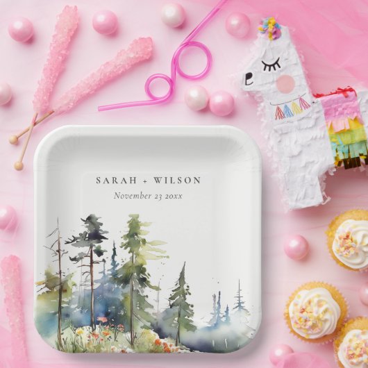 シックな水の色の松の森の風景結婚の ペーパープレート (パーティー)