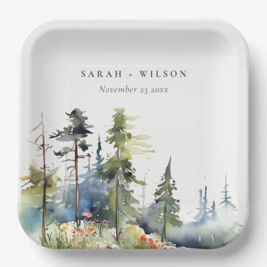 シックな水の色の松の森の風景結婚の ペーパープレート (正面)