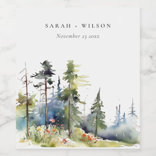 シックな水の色の松の森の風景結婚の ワインラベル (シングルラベル)