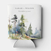 シックな水の色の松の森の風景結婚の 缶クーラー (裏面)