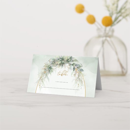 シックな水の色の緑と金ゴールドフレーム座席表 プレイスカード (正面)