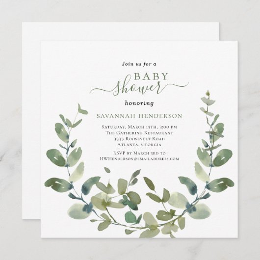 シックな水の色の緑のリースベビーシャワー 招待状 (正面/裏面)