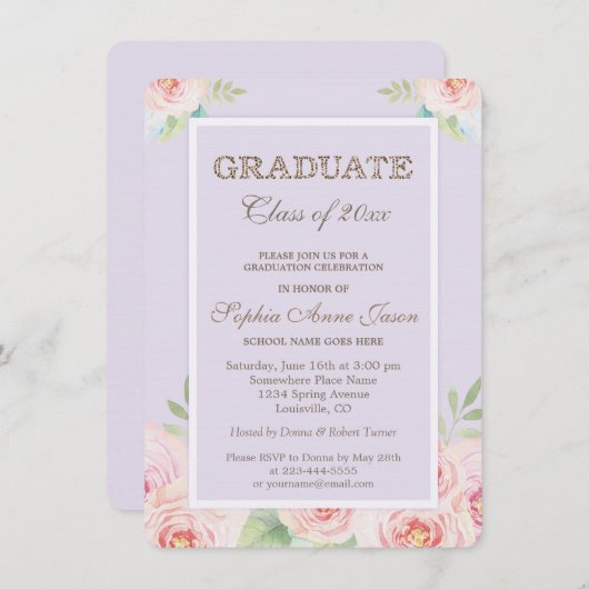 シックな水の色の花の卒業パーティー招待状 招待状 (正面/裏面)