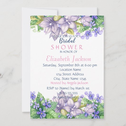 シックな水の色の花ブライダルシャワー 招待状 (正面)