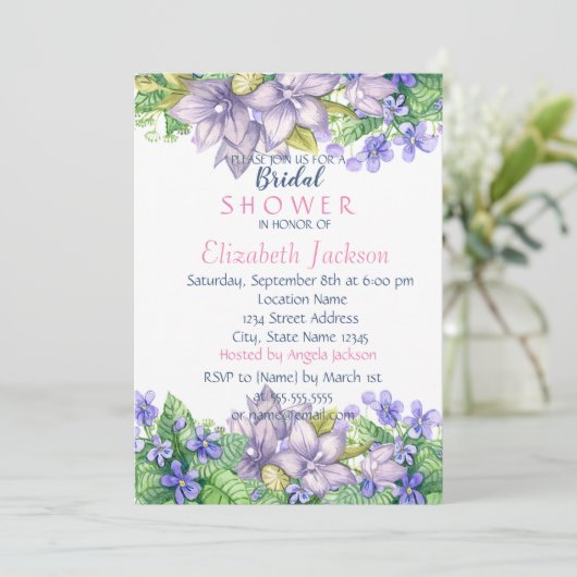 シックな水の色の花ブライダルシャワー 招待状 (スタンド正面)