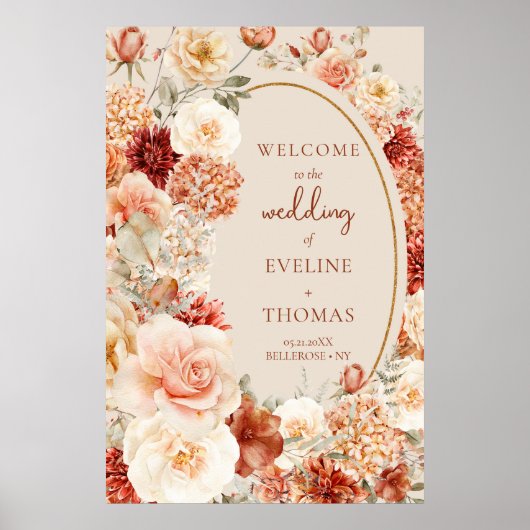 シックな水の色の花紅葉銅歓迎 ポスター (正面)