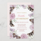 シックな水の色の蝶のストライプ誕生日 招待状 (正面/裏面)