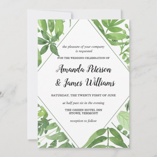 シックな水の色の野生の牧草地の緑のダイヤモンド結婚の 招待状 (正面)