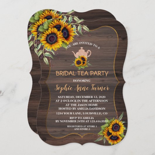シックな水の色ひまわりウッドブライダルティーパーティー 招待状 (正面/裏面)