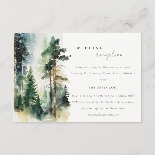シックな水の色ウッドランドフォレストウェディングレセプション エンクロージャーカード (正面)