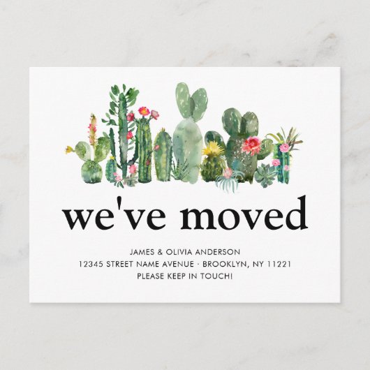シックな水の色サボテン引っ越しました新しいホームムービング 案内ポストカード (正面)