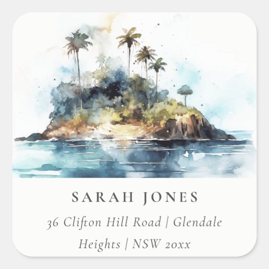 シックな水の色シースケープパームツリーアイランドアドレス スクエアシール (正面)