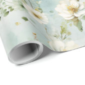 シックな水の色パステルグリーンと白ワイルドフラワー ラッピングペーパー (ロールコーナー)
