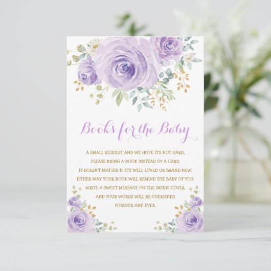 シックな水の色パープルフローラガールベビーシャワー エンクロージャーカード (スタンド正面)