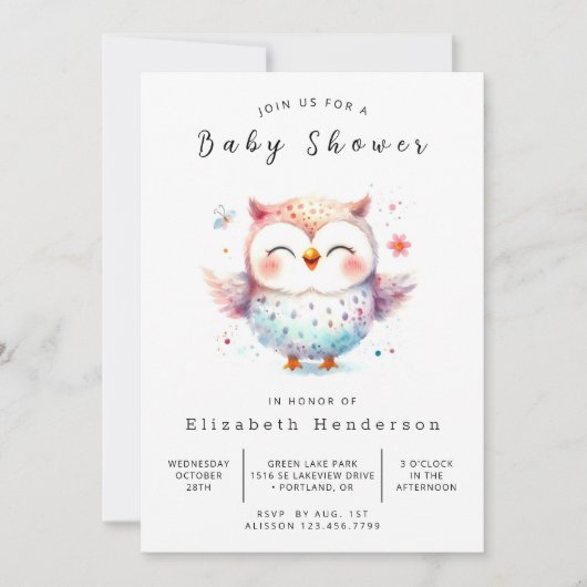 シックな水の色フクロウ赤ちゃんシャワー 招待状 (正面)