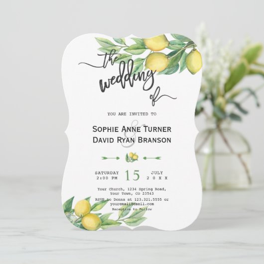 シックな水の色レモントロピカル手書き結婚の文字 招待状 (スタンド正面)