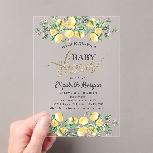 シックな水の色レモン花ベビーシャワー アクリル招待状 (インサイチュ (ポータブル))