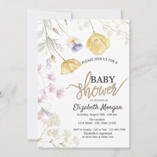 シックな水の色ワイルドフラワーボタニカルベビースシャワー 招待状 (正面)