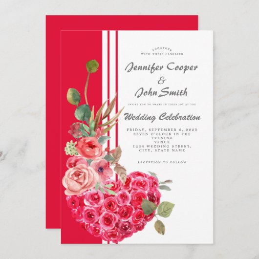 シックな水カラーバラモダンハート結婚フローラ 招待状 (正面/裏面)