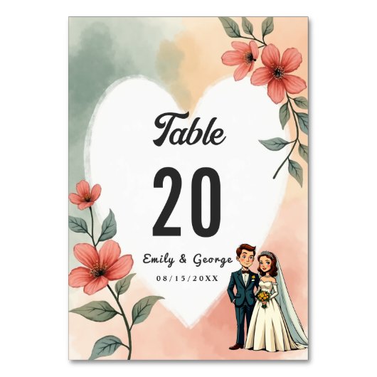 シックな水カラーフローラほこりっぽい新婦結婚郎 テーブルナンバー (正面)