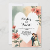 シックな水カラーフローラほこりっぽい新婦結婚郎 招待状 (正面)
